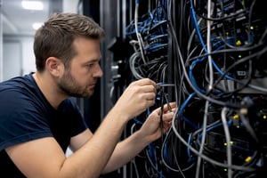 Hands connecting cable in server room