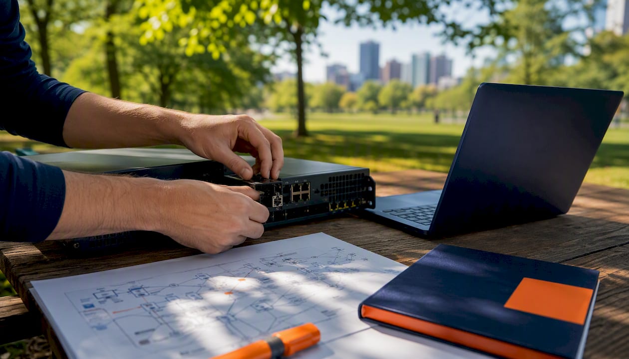 Hands working on network firewall hardware components