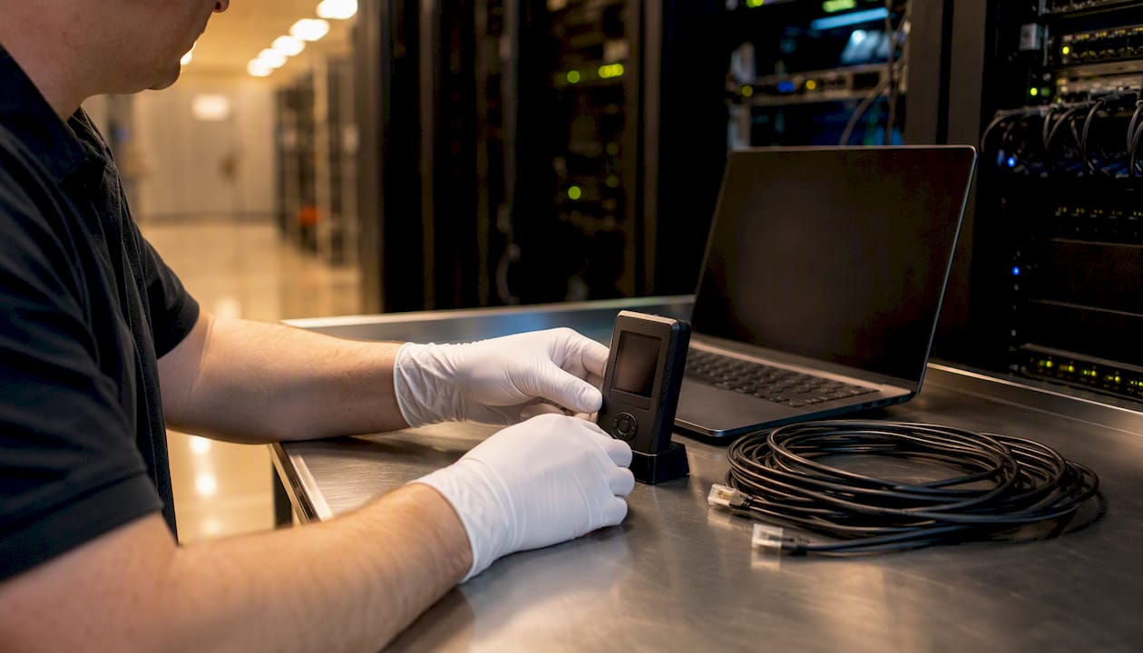 Hands configuring MFA hardware token near server rack