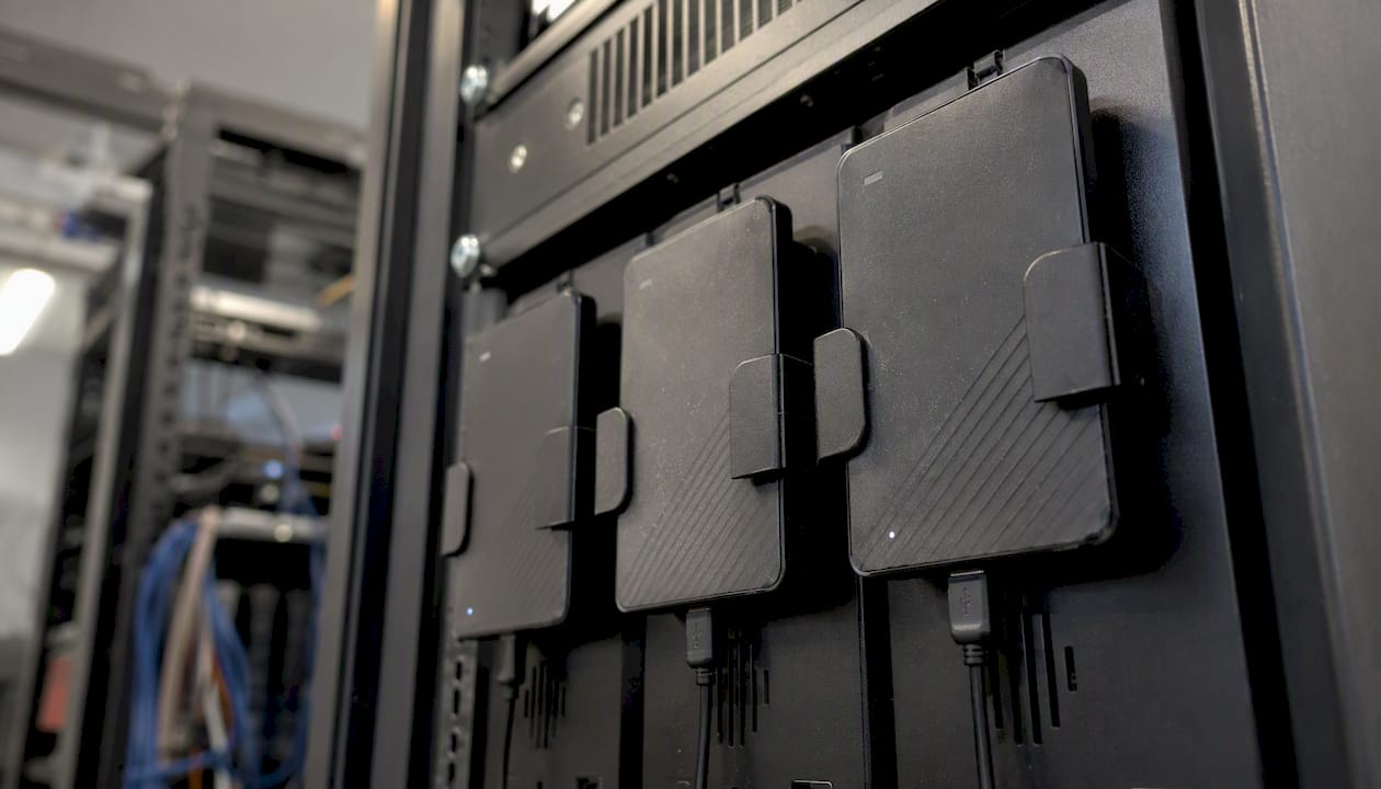 Backup hard drives connected in server room