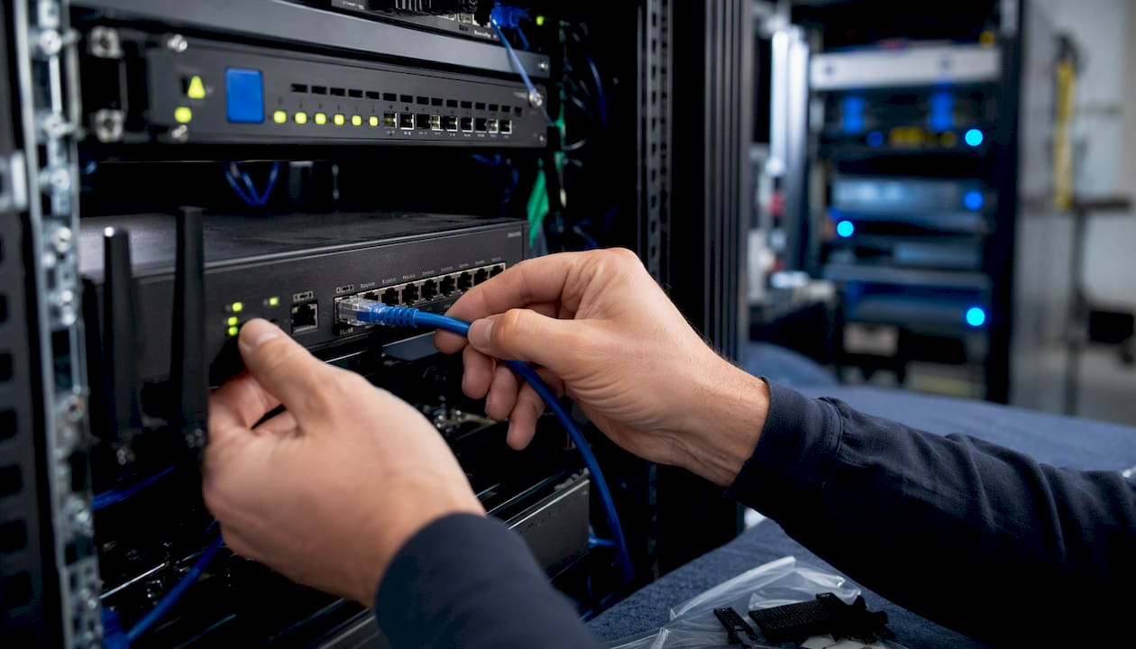 Hands connecting network cable in small server room