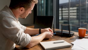 Hands connecting network cable at office desk