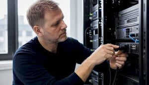 Hands connecting cable in server rack