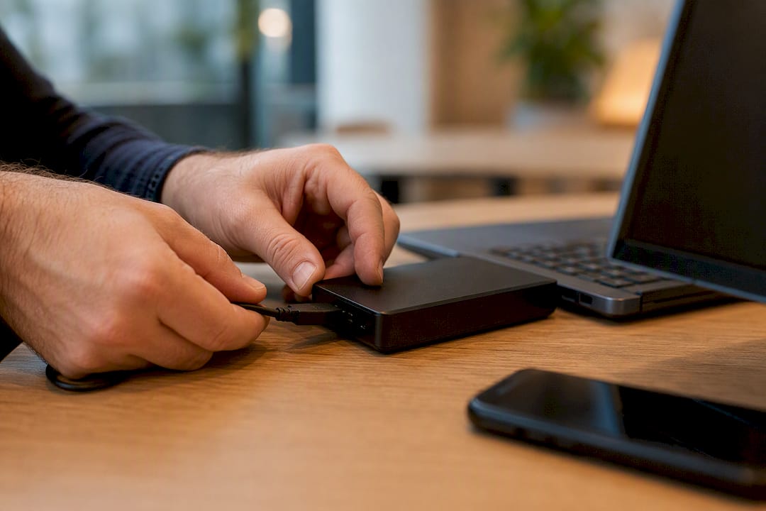 Hands testing backup storage device