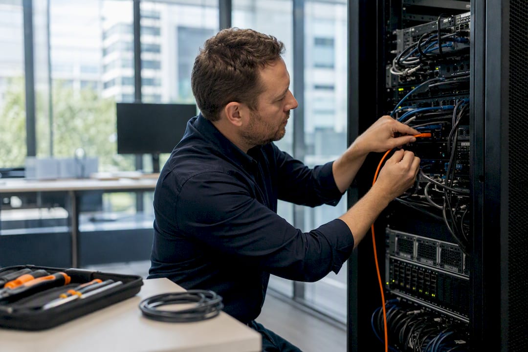 Technician connecting network cables