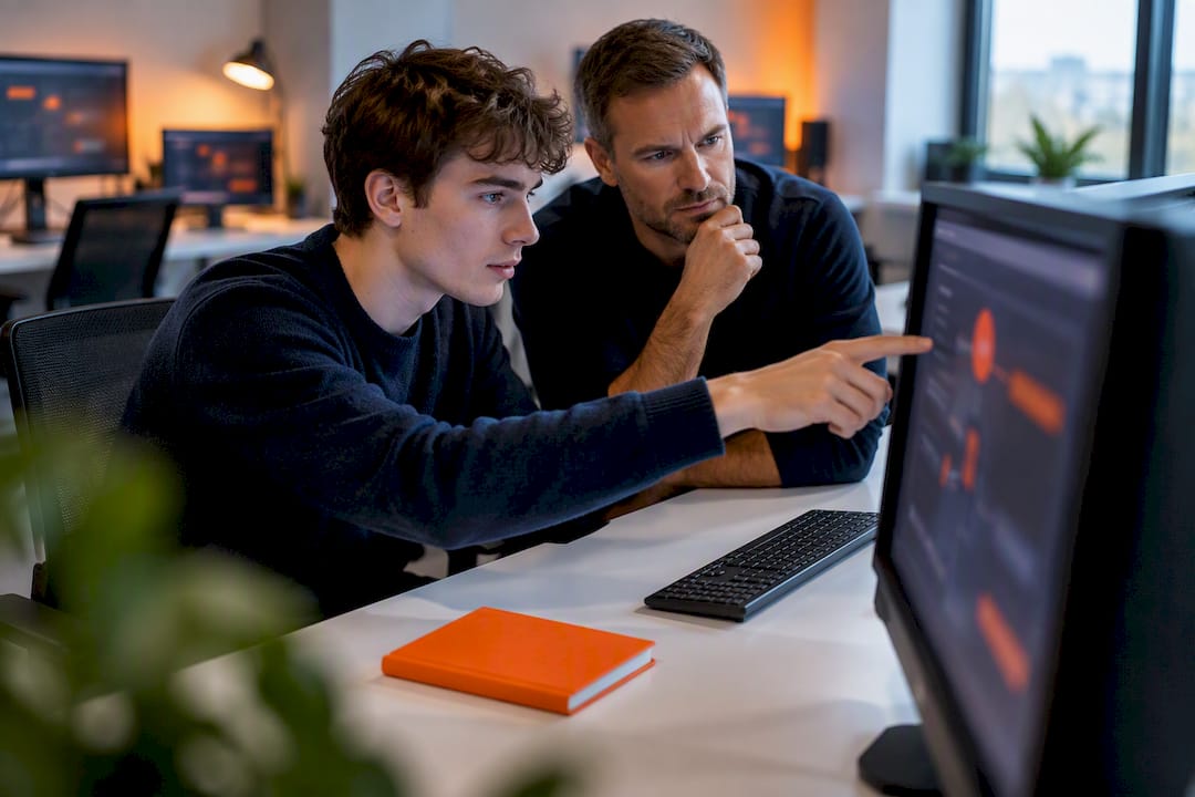 White graduate reviewing a security alert