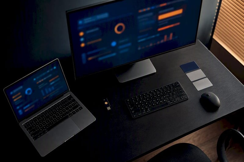 Cybersecurity testing workstation with abstract dashboards