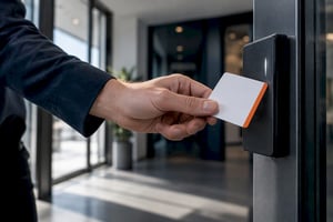 White employee using secure office access reader