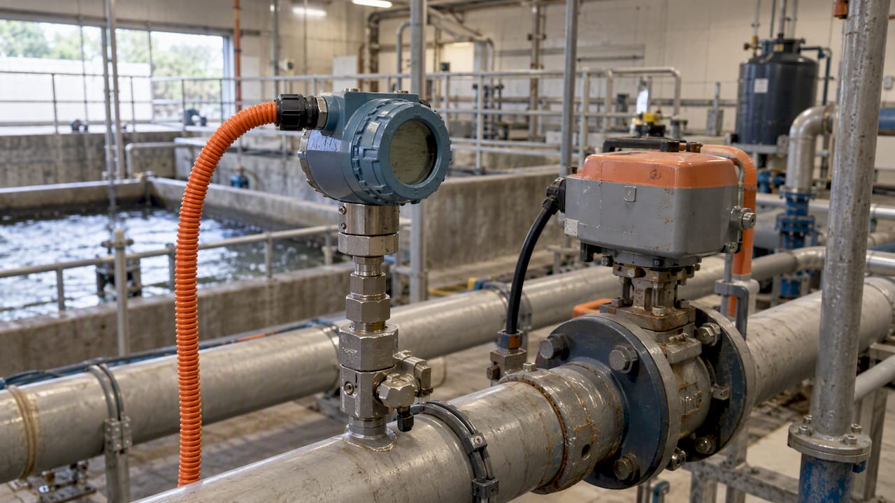 Pressure sensor and actuator among treatment plant pipes