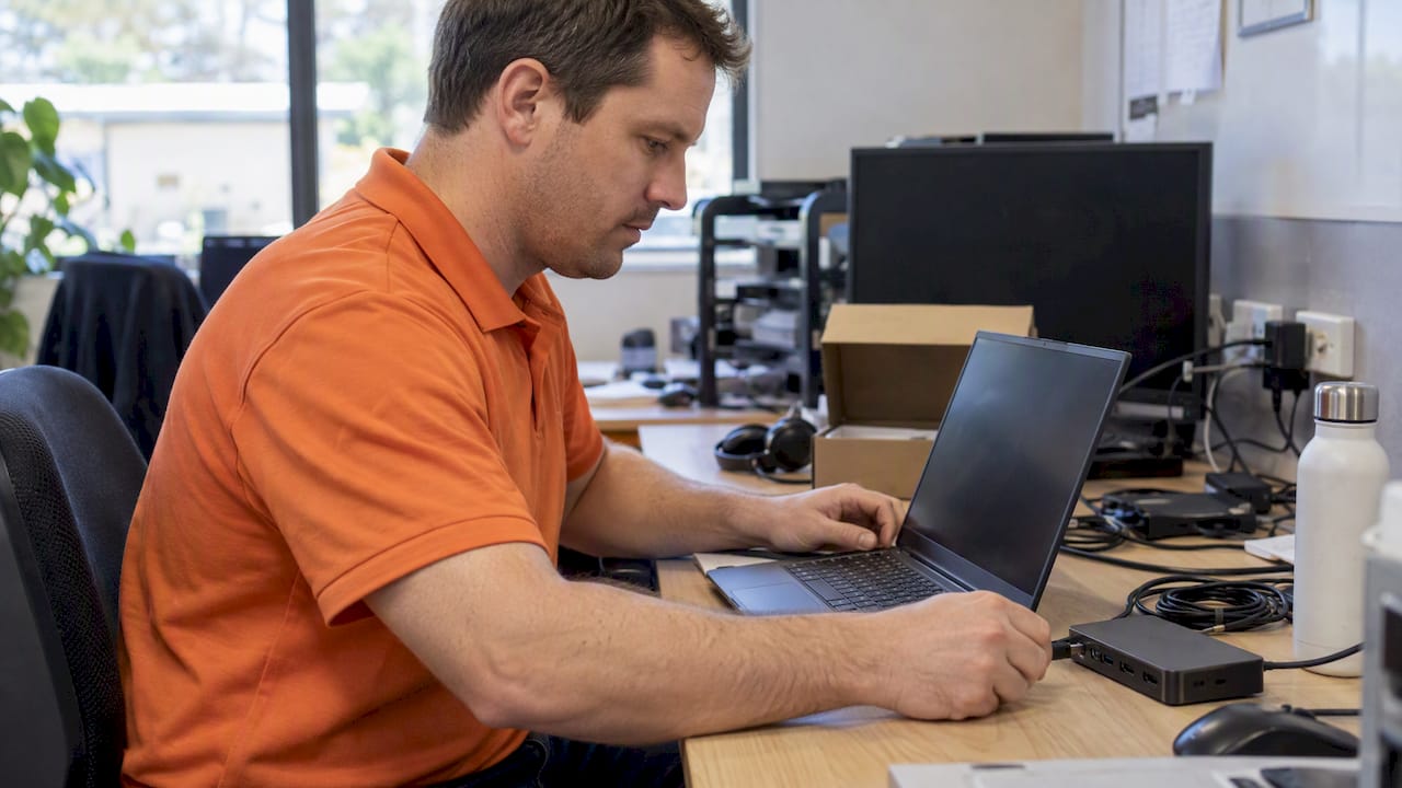 White technician provisioning a new business laptop
