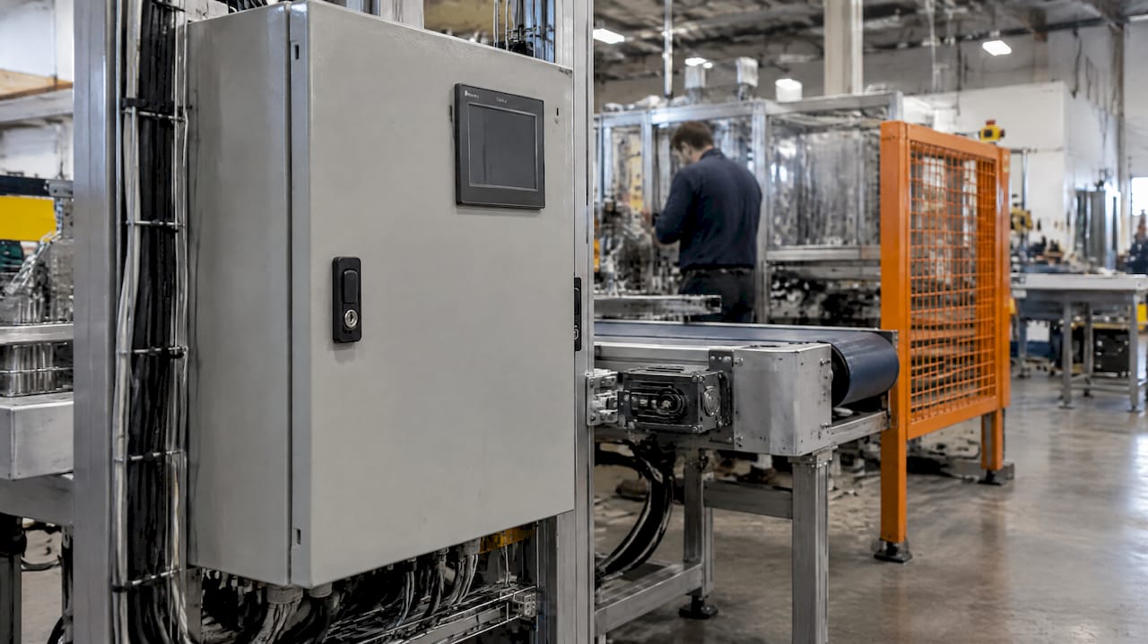 Locked PLC cabinet beside an industrial conveyor