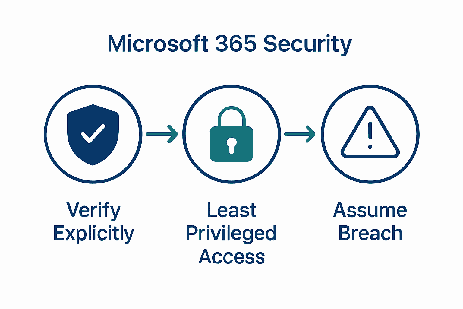 Infographic illustrating three security principles: verify explicitly, least privileged access, assume breach.