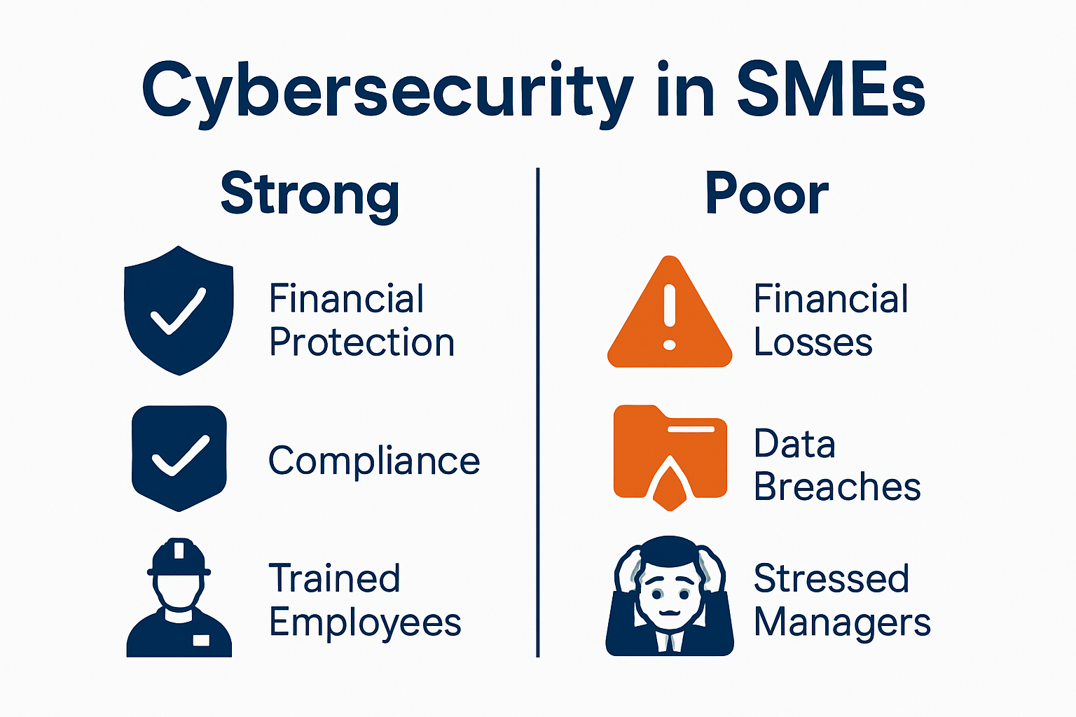 Infographic comparing effects of robust and poor cybersecurity in SMEs