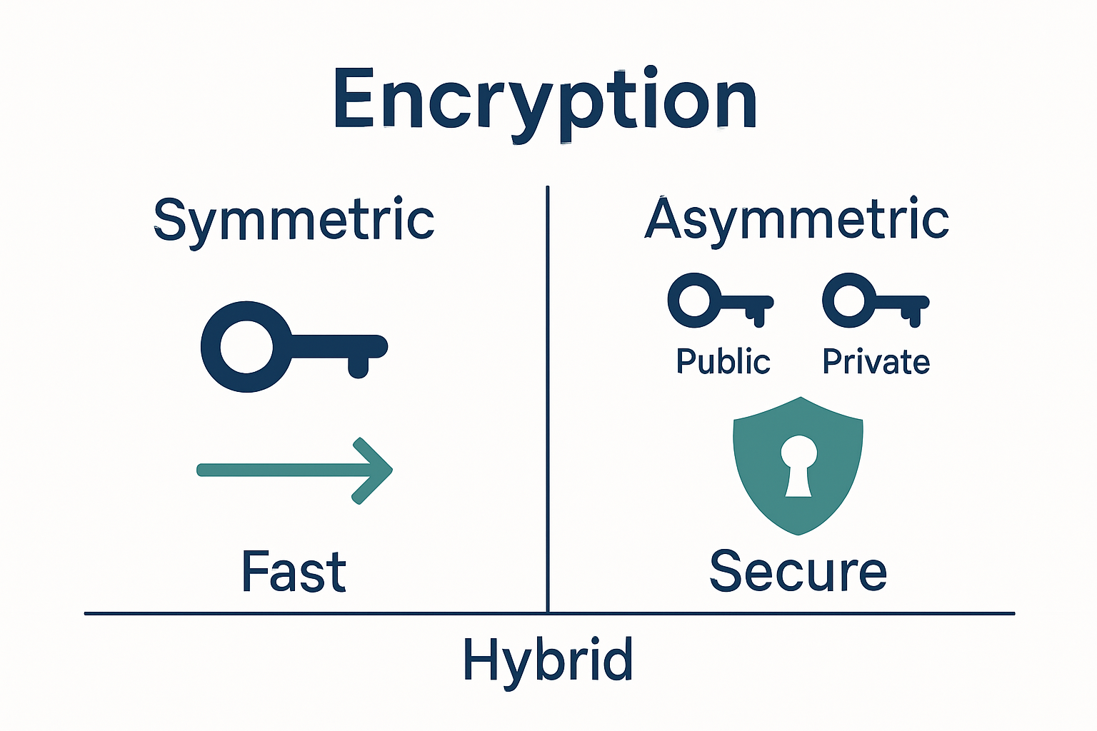 Infographic comparing symmetric and asymmetric encryption methods with icons and key differences