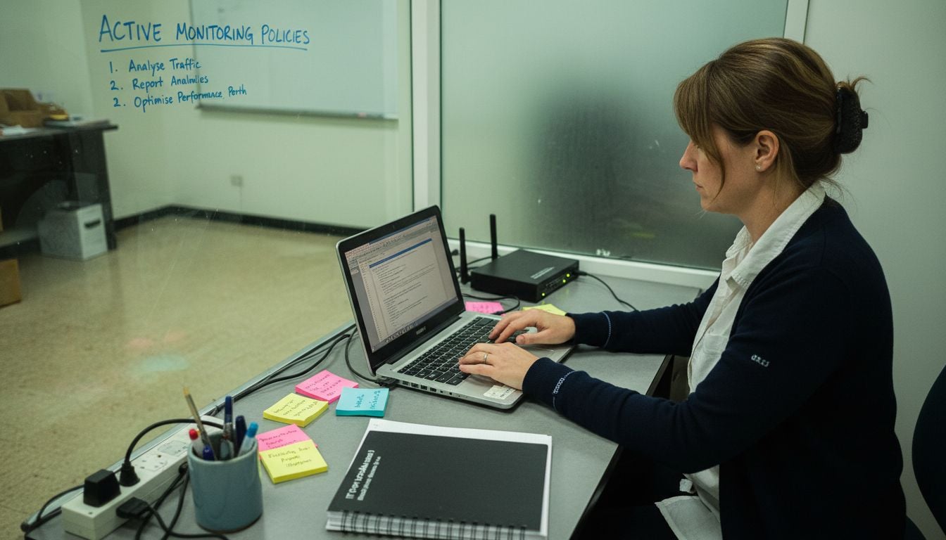 Staff at cluttered desk setting up IT monitoring tools