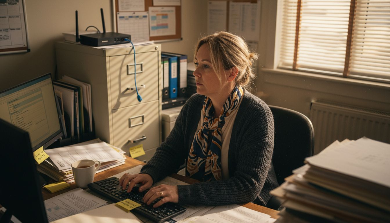Administrator securing health data at messy desk