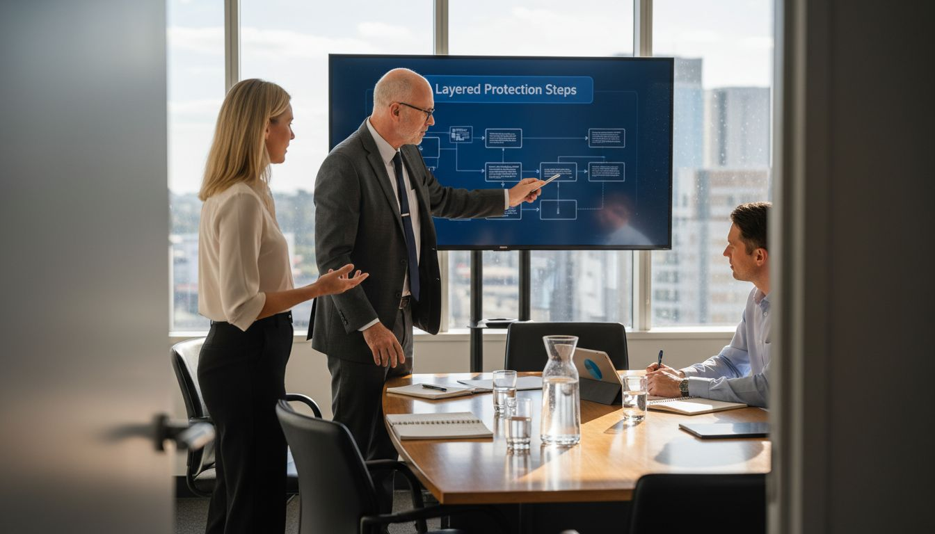 Team meeting discussing layered security diagram