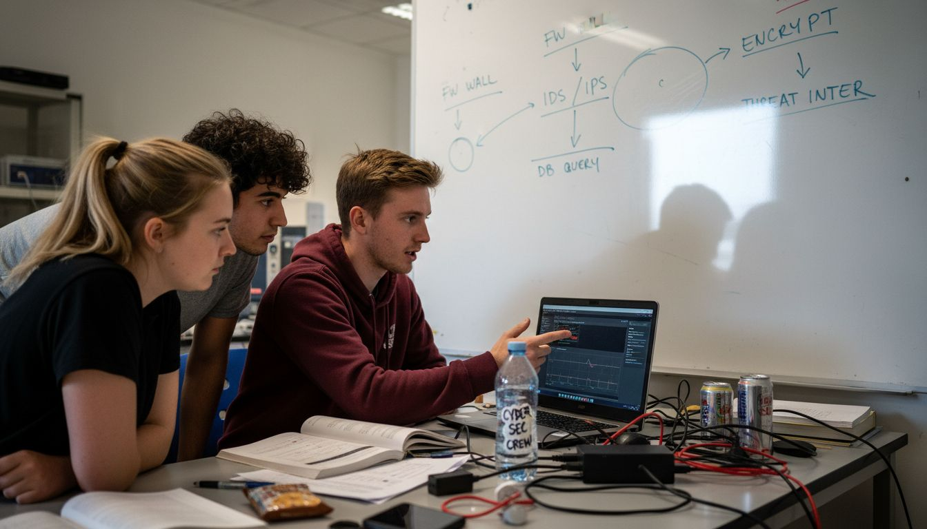 Graduate showing cyber security project to peers