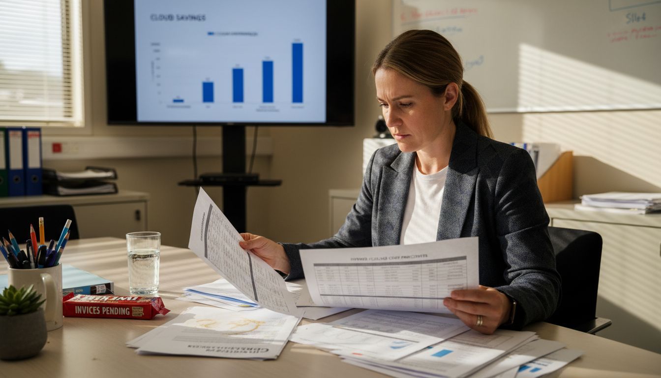 Woman reviewing hybrid cloud costs in small office