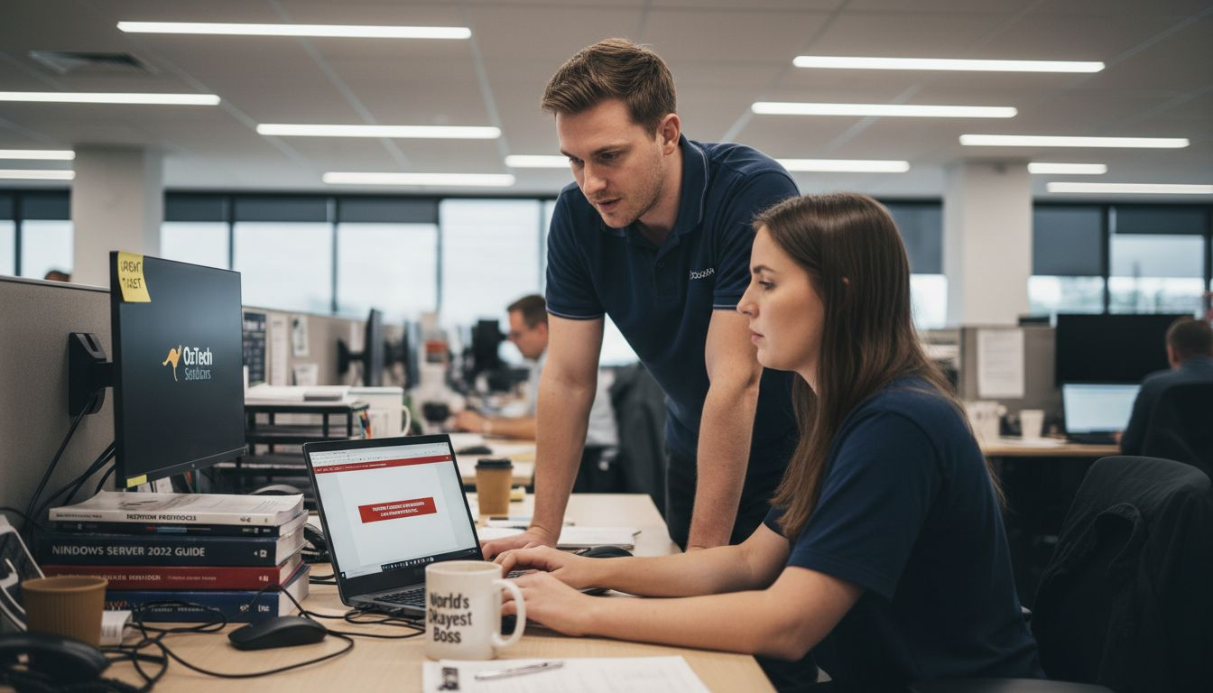 Help desk team troubleshooting computer issue