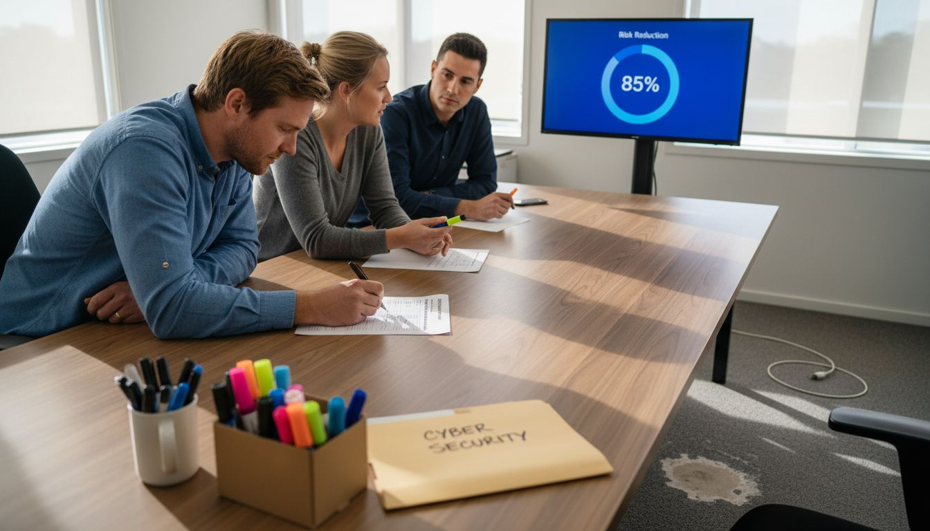 Small team reviewing cyber risk reduction chart
