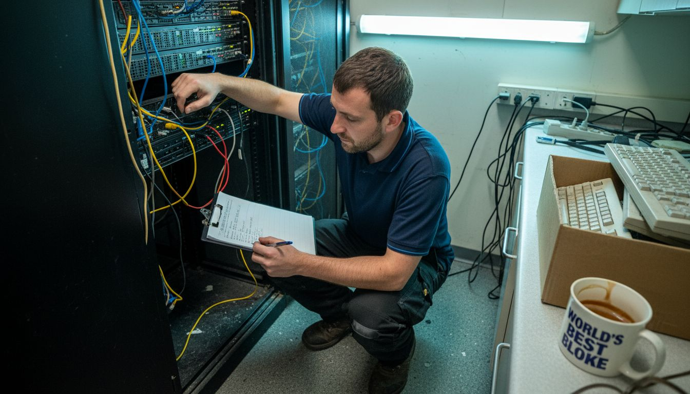 Technician audits small business IT equipment