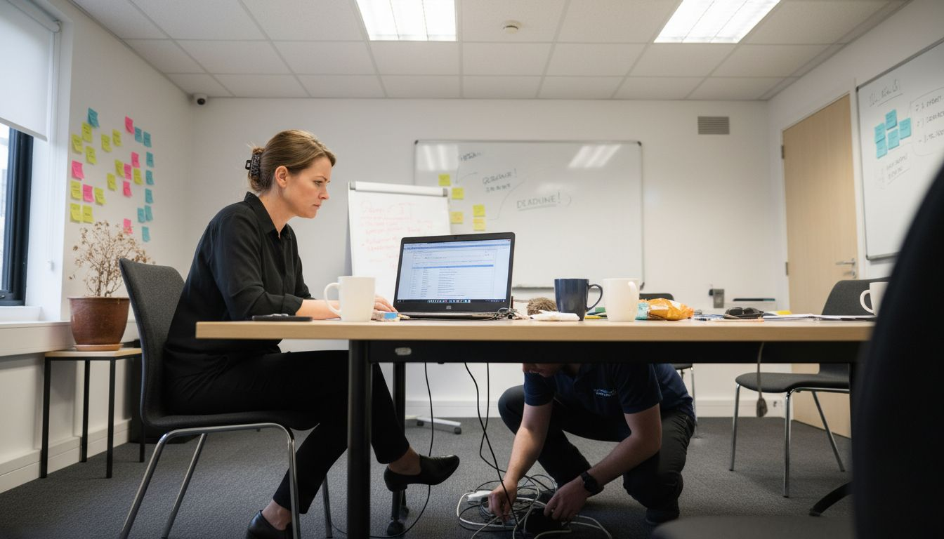 Business owner and IT technician fix downtime