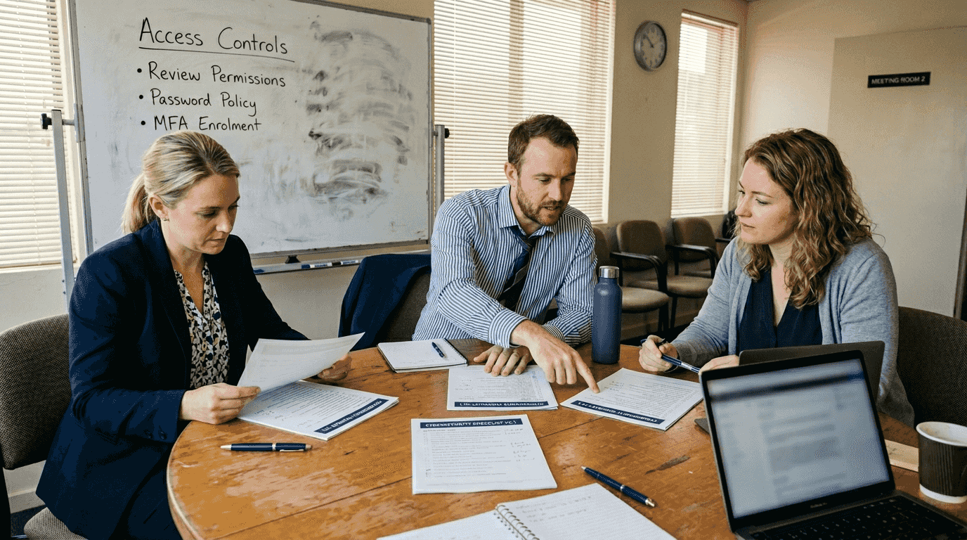 Team discussing security controls checklist