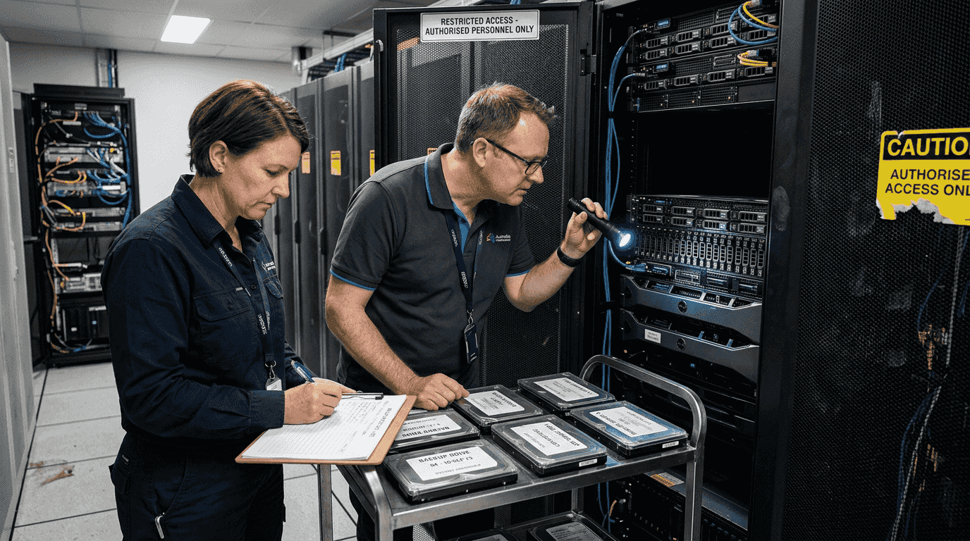 IT team inspecting backup drives in server room