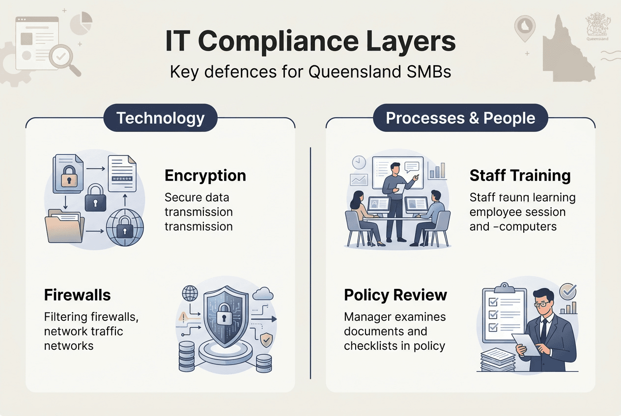 Infographic of IT compliance layers and defences