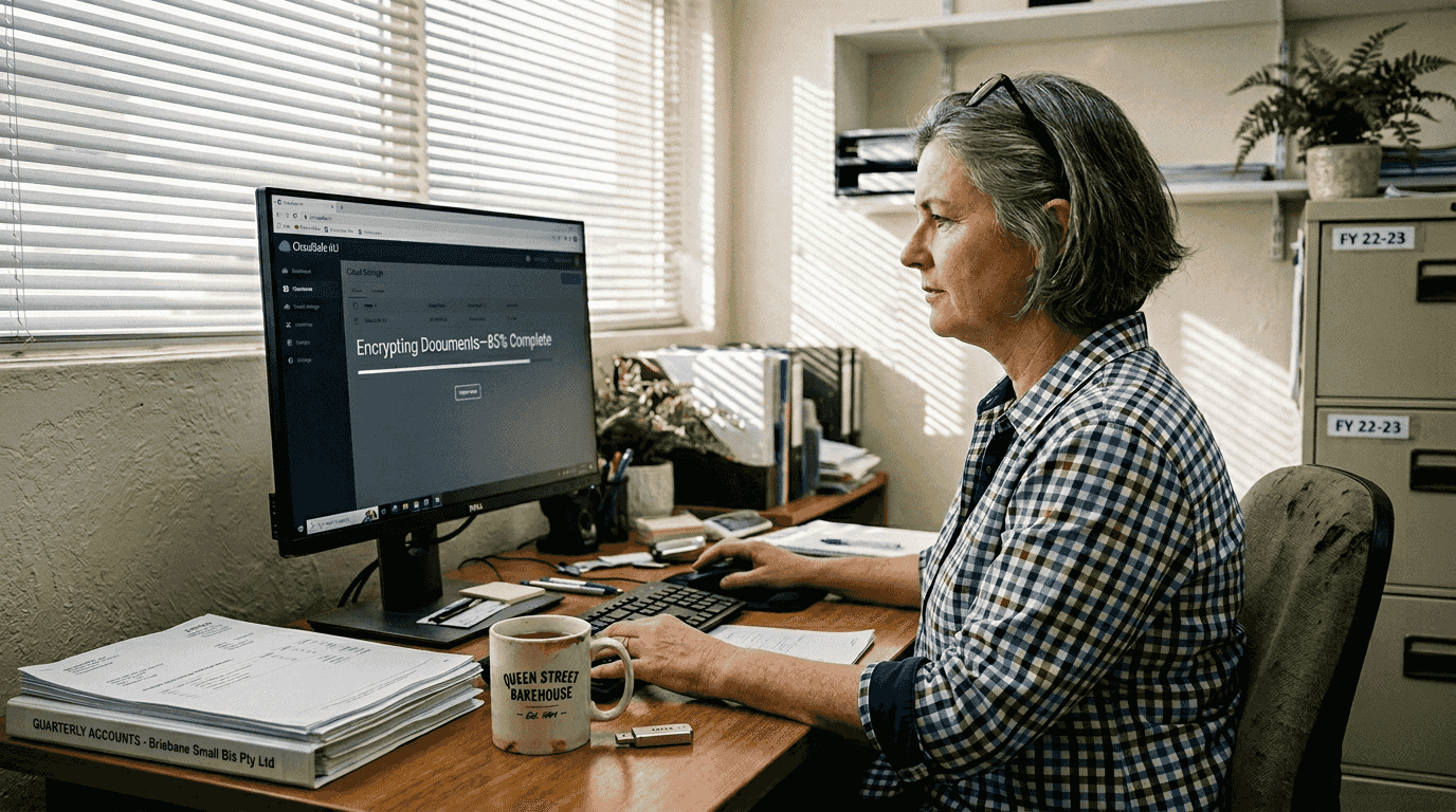 Business owner uploads encrypted cloud files