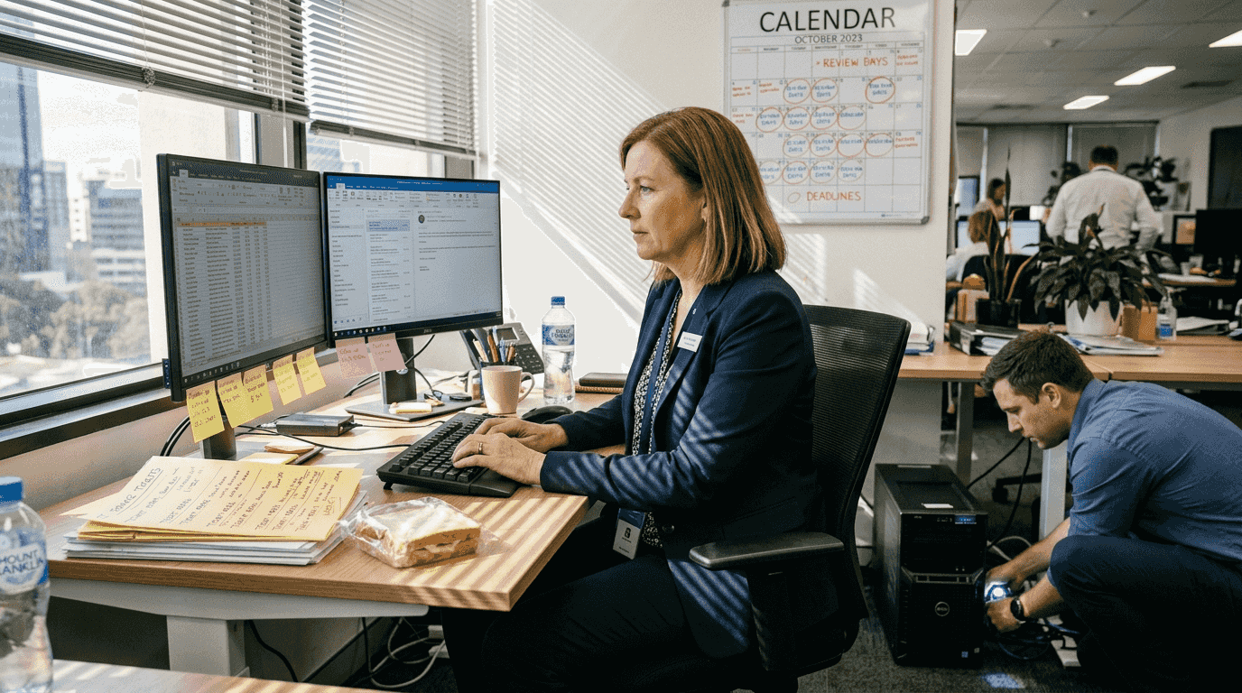 Office staff working during IT system restart