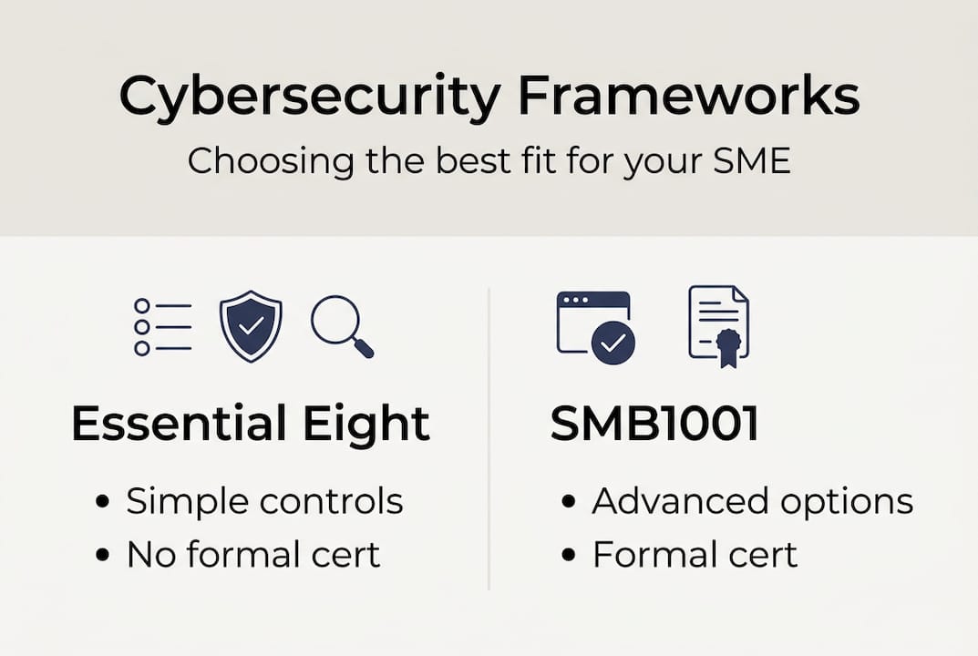 Infographic comparing cybersecurity frameworks for SMEs