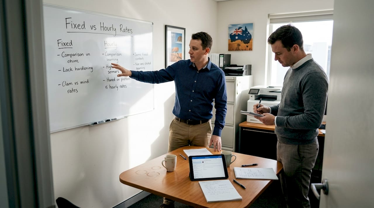 Managers discussing IT support pricing at table