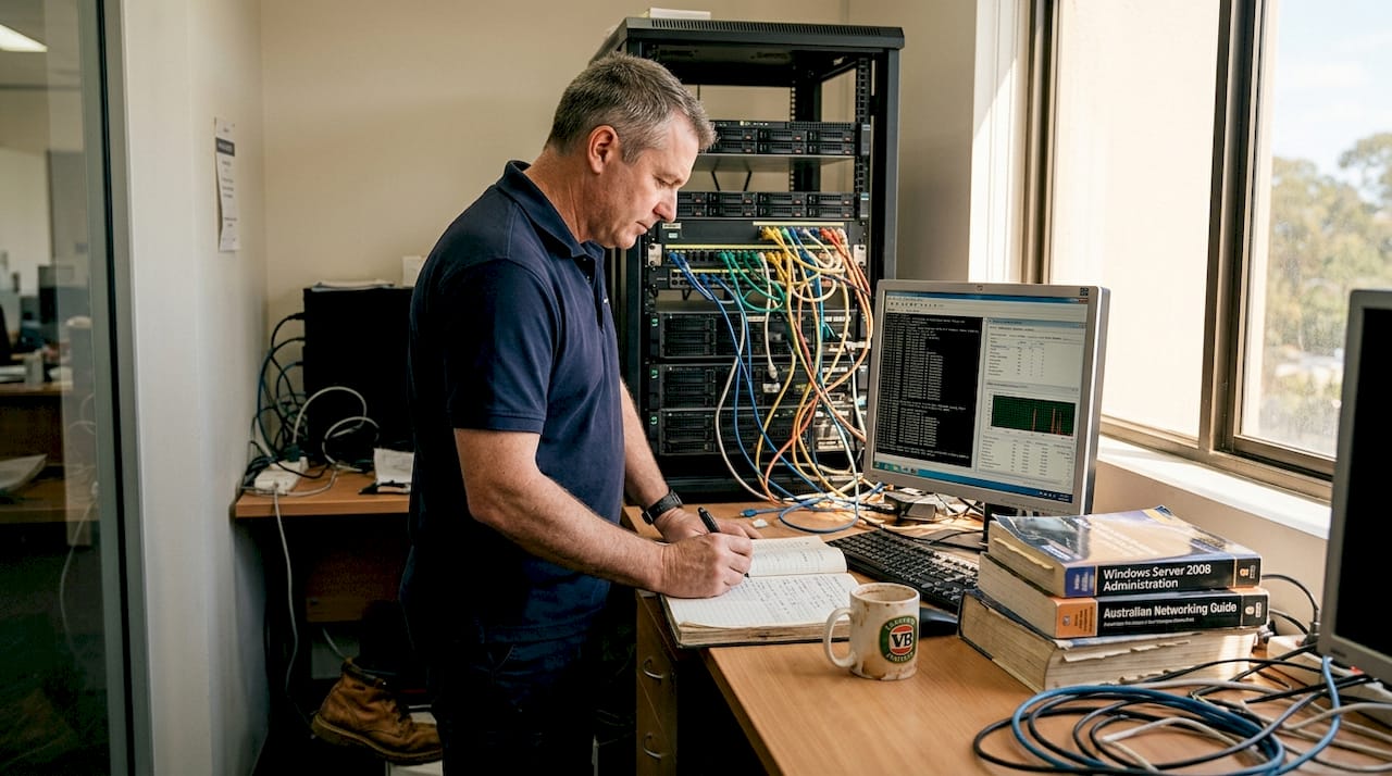 Technician performing server compliance check