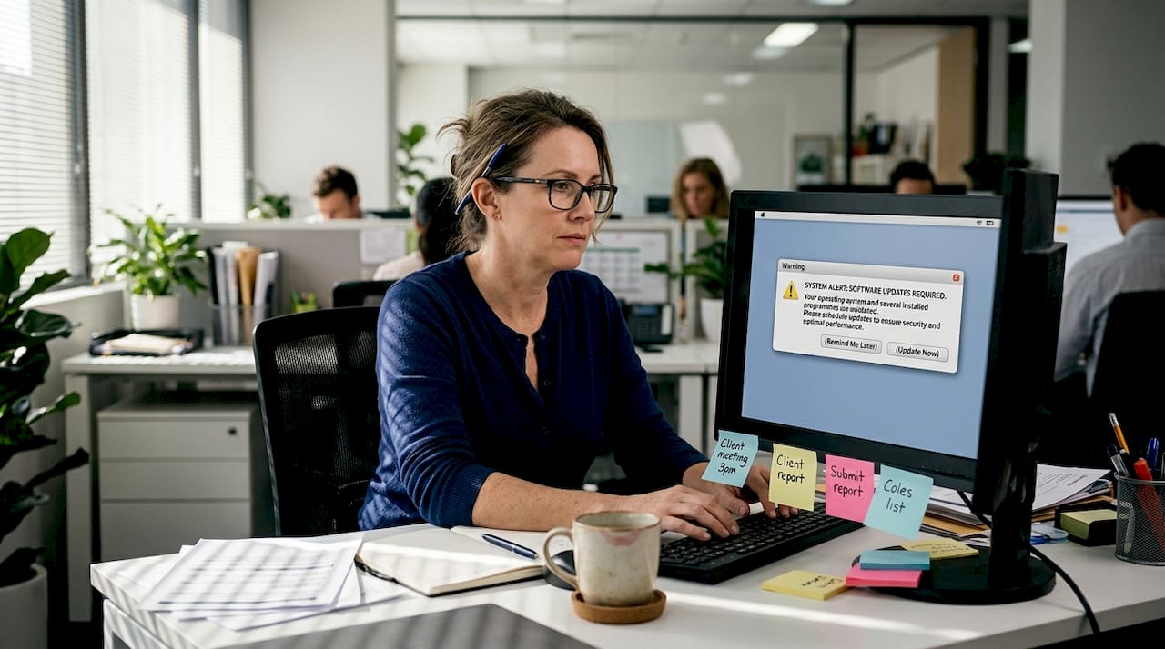 Professional sees outdated software warning at desk