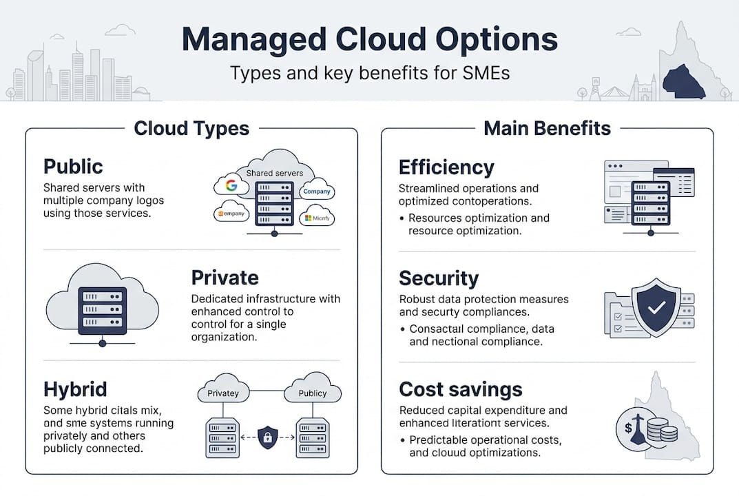 Infographic on managed cloud types and core benefits