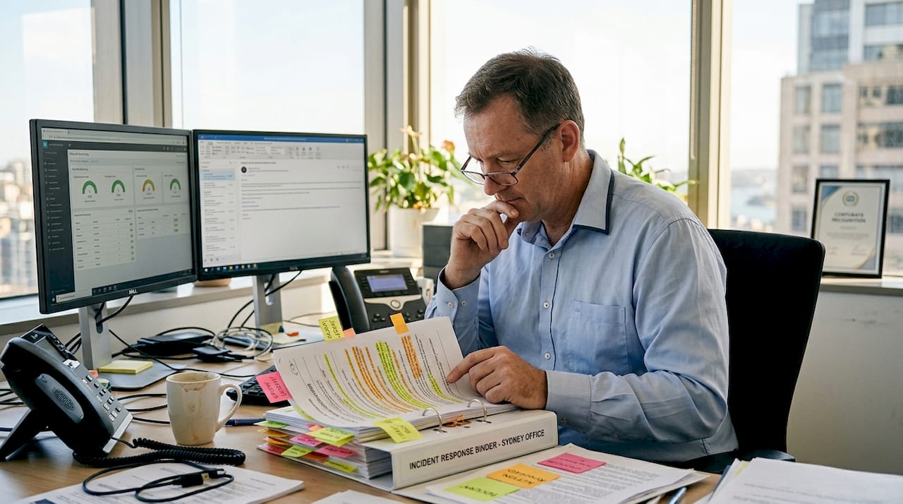 IT manager checking printed incident plan