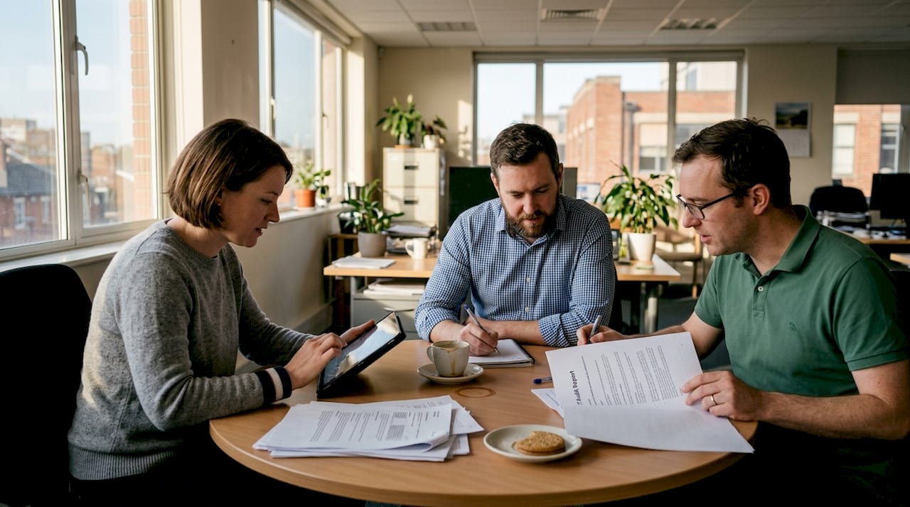 Team discussing IT audit report Queensland