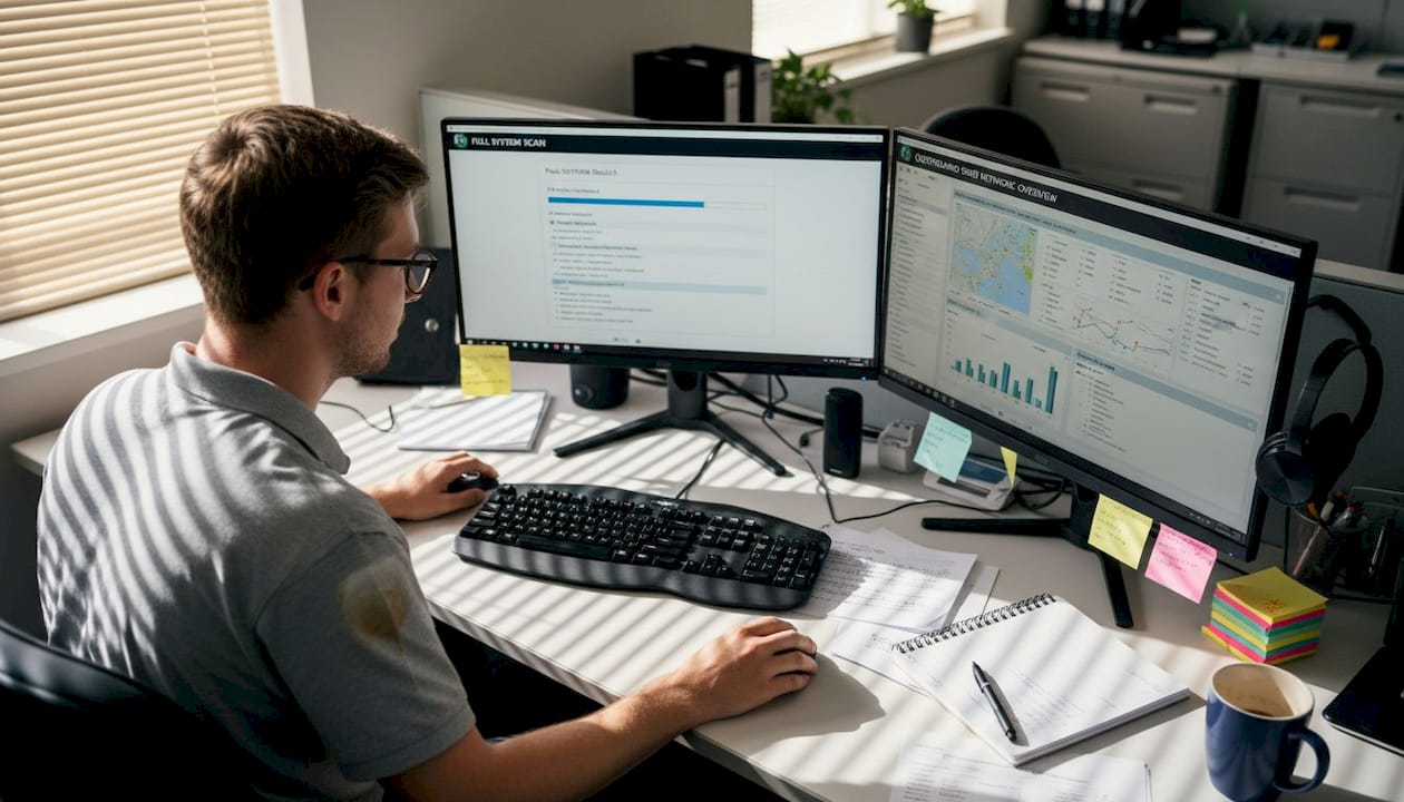 Technician comparing antivirus to threat monitoring