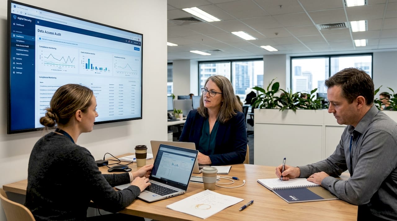 Team reviews cloud security compliance dashboard