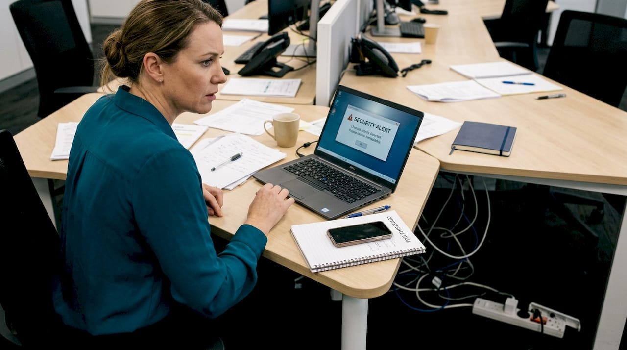 Office worker checks network security alert