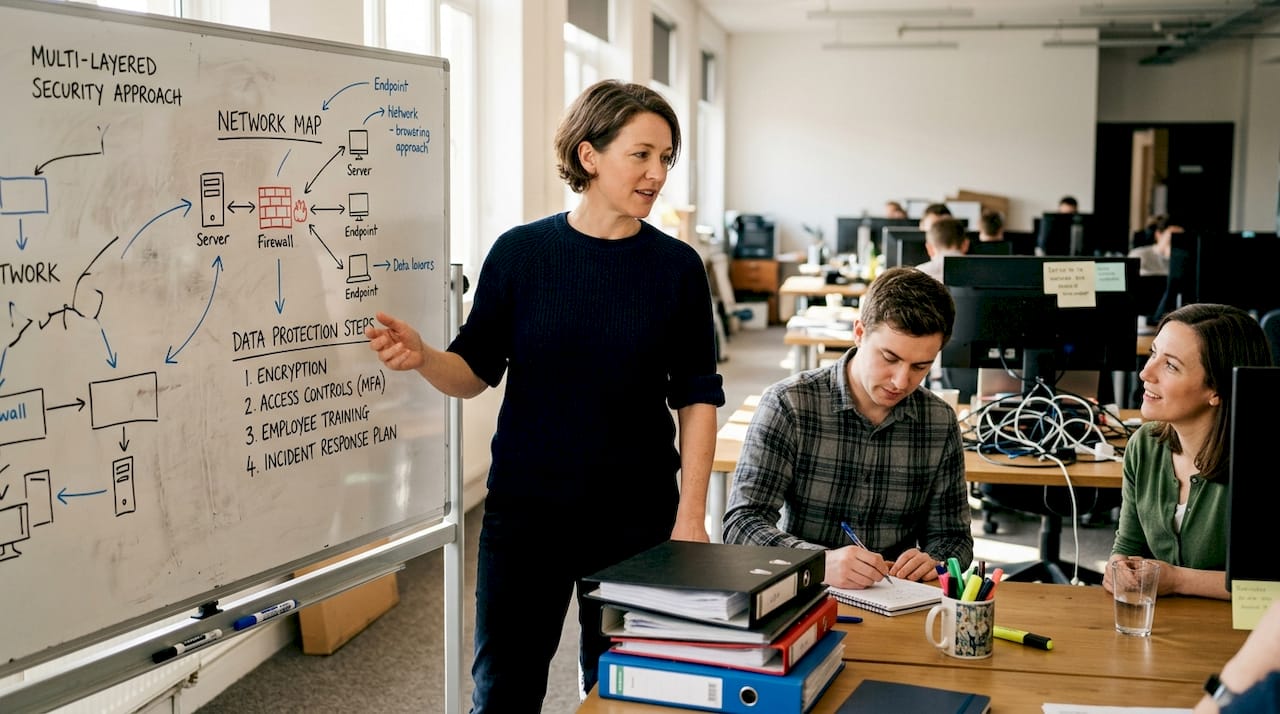 Team discussing layered security at whiteboard