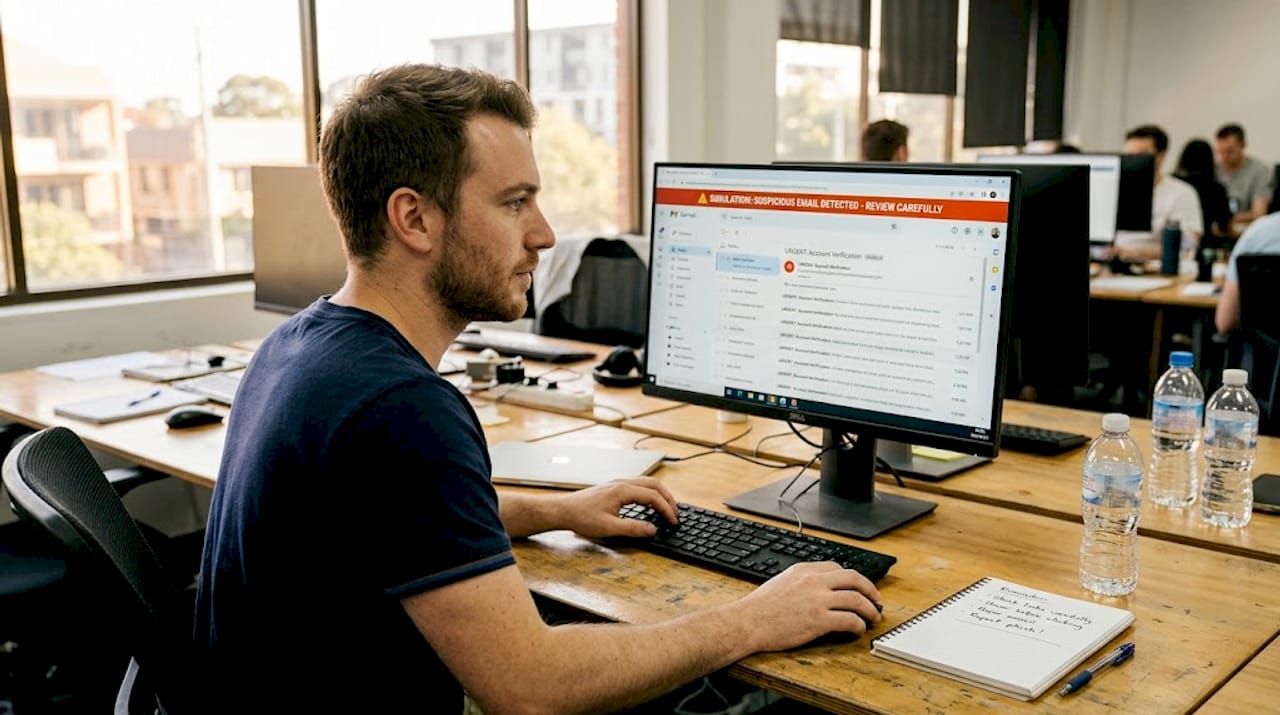 Employee doing phishing simulation at desk