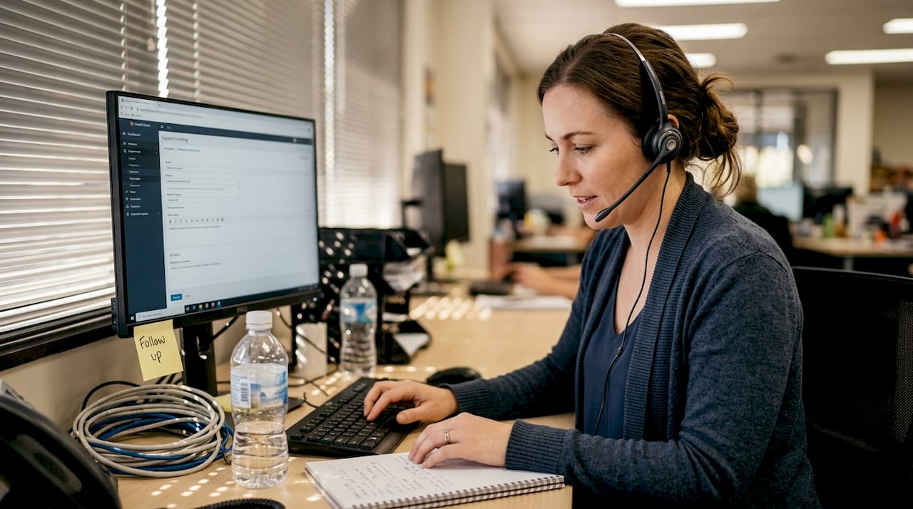 Helpdesk agent resolving issue at her desk