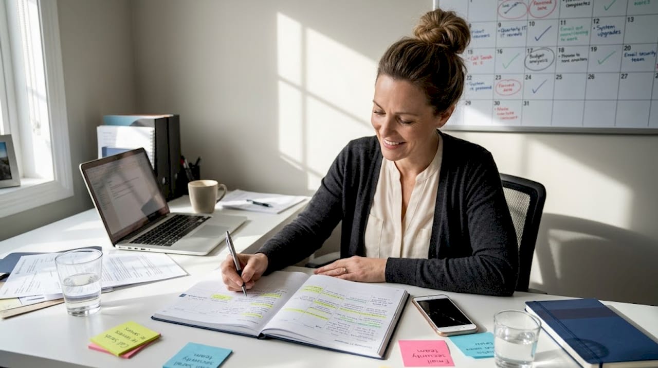 Businesswoman scheduling IT review in home office