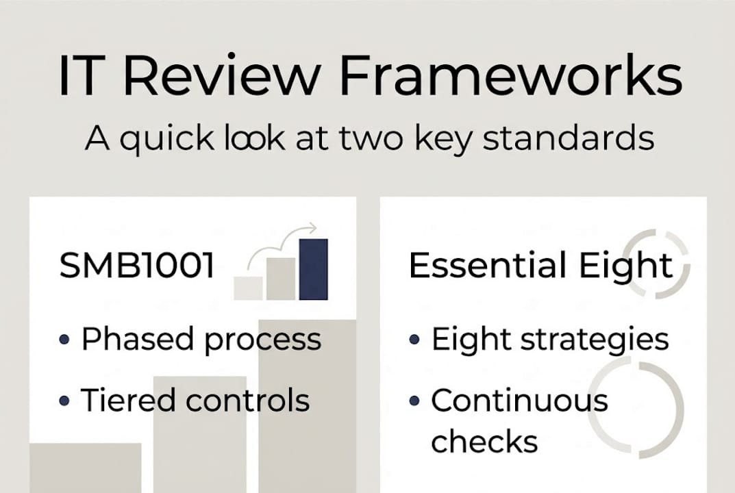 Infographic comparing SMB1001 and Essential Eight frameworks