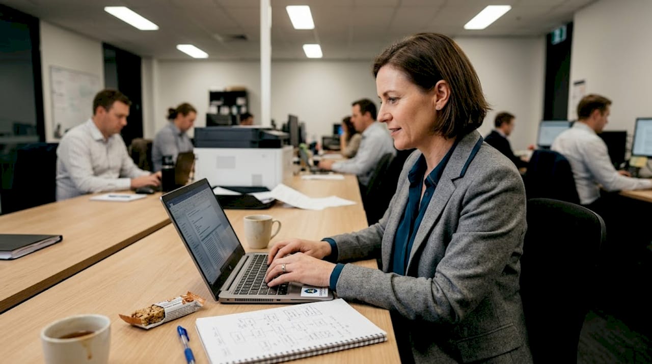 Tech documenting resolution at busy desk