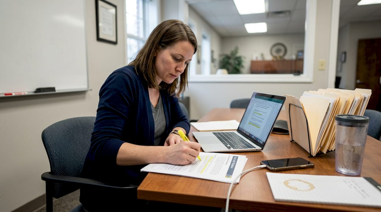 Employee reviewing printed Publisher documents