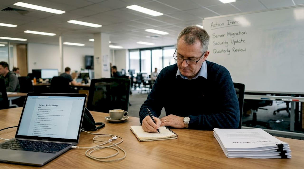 IT manager noting compliance steps in office